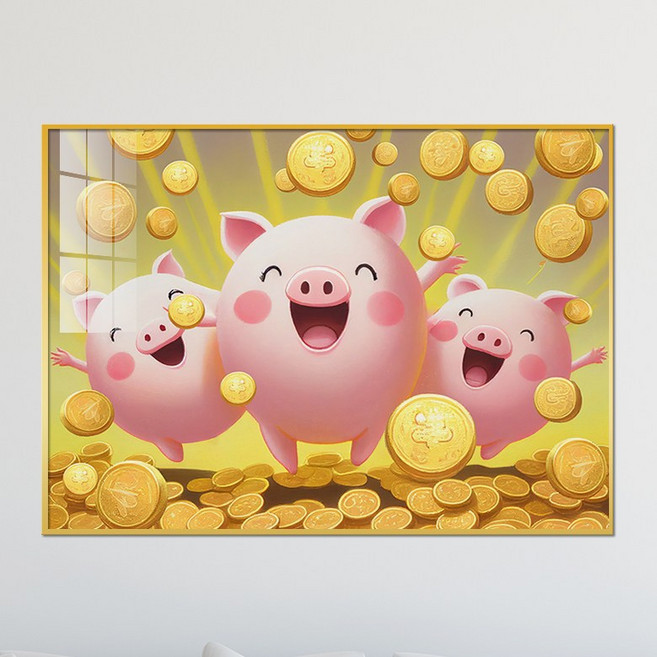 아트블루 부자되는 황금 코인 나무 그림 풍수 인테리어 소품 액자, 15_날아가는 코인웃고있는 돼지-3마리