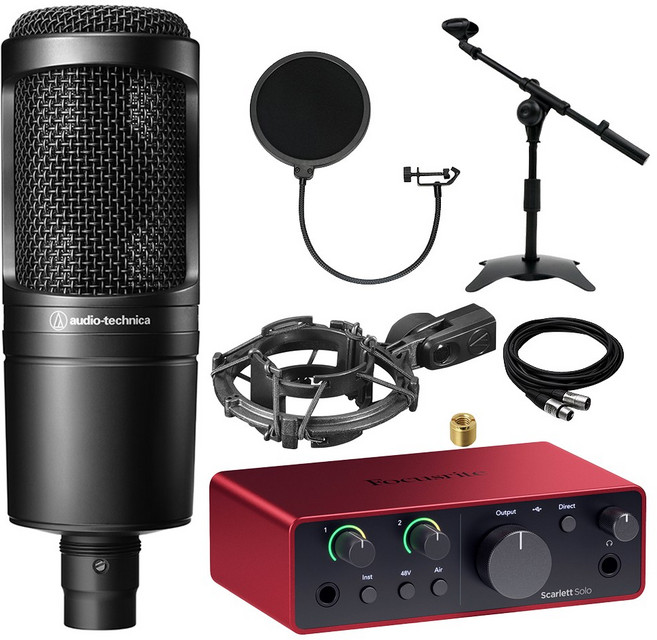 오디오테크니카 AT2020 콘덴서 마이크 포커스라이트 스칼렛 솔로 4세대 홈레코딩 세트, 쇼크마운트+탁상T자스탠드+팝필터+케이블