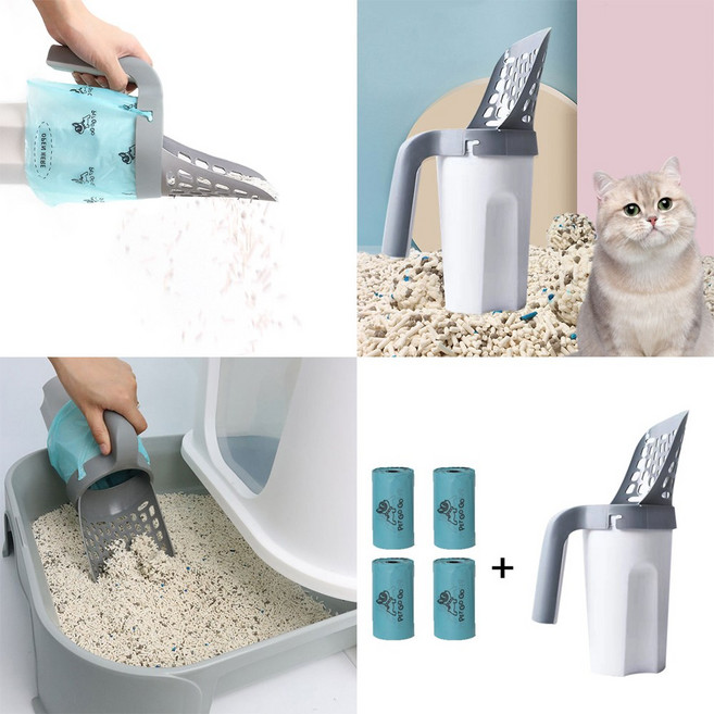 야옹이 모래삽 고양이 화장실 배변삽 스쿱 + 배변봉투포함, 1세트, 모래삽+봉투4롤