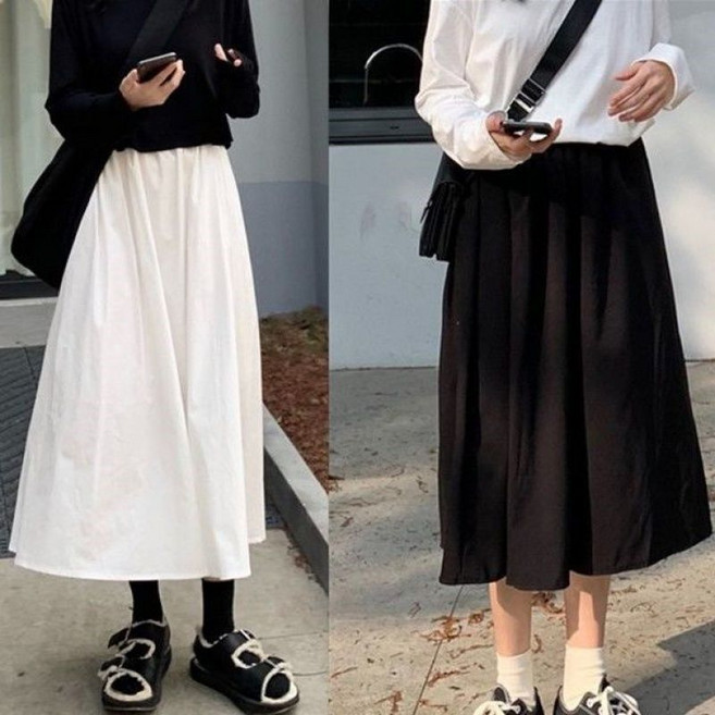 1+1 여성 여름 스커트 캐주얼 하이웨이스트 치마 슬림핏 허리 밴딩 스커트 심플 플리츠 a라인 스커트 빅사이즈 ZZL