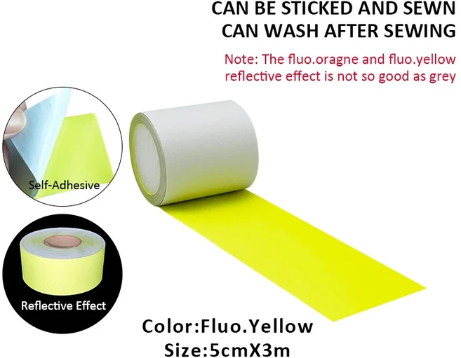Roadstar 형광 노란색 자가 접착 반사 원단 경고 테이프 자동차 옷 가방 DIY 도로 안전, 08 5cmX3m
