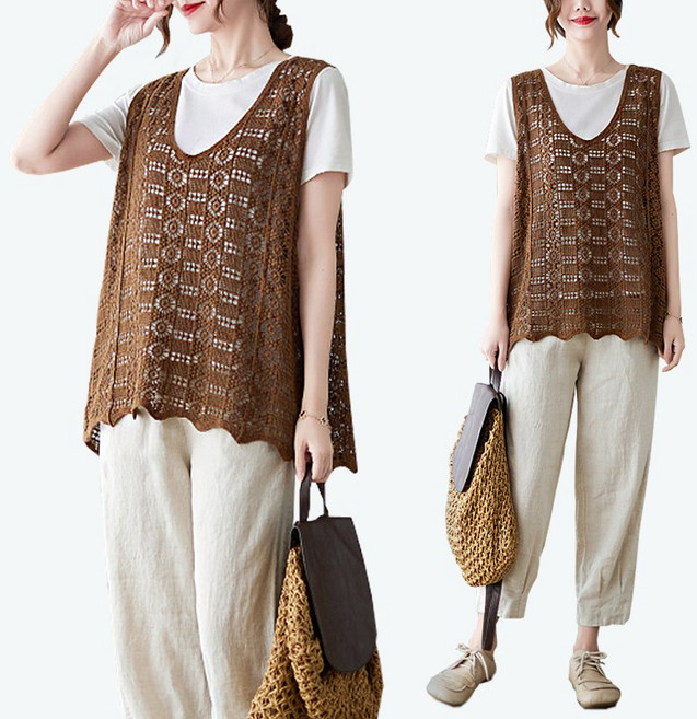 여름 보헤미안 그물 레이어드 브이넥 니트조끼 베스트 와플브이넥니트조끼(끈 민소매 포함)