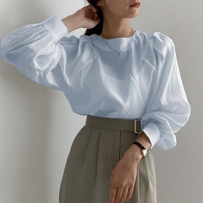 쪼예 프렌치 라운드 실키 새틴 시스루 긴팔 블라우스