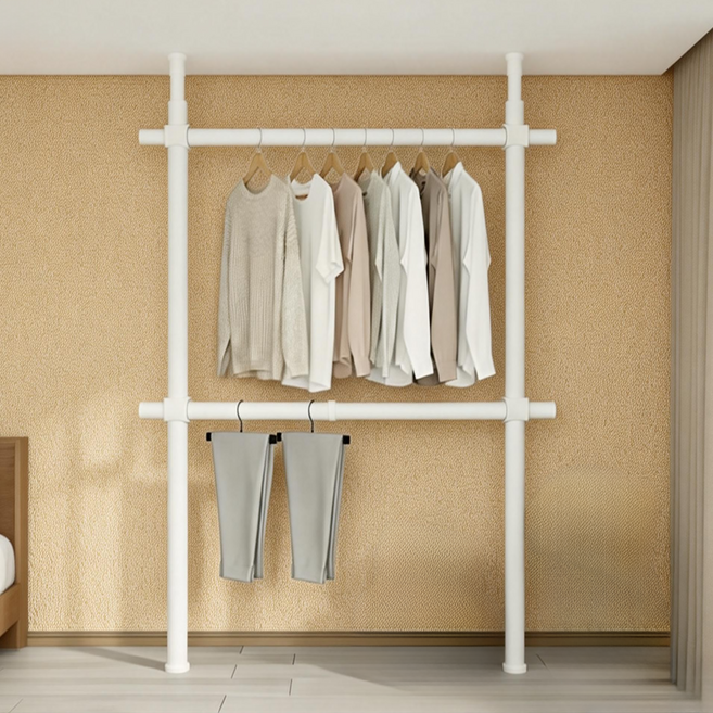 NEDYOU 보강형 32mm 드레스룸 와이드 2단 행거 고정식 설치형 심플 튼튼한 철제 옷걸이행거 YJ-045, 화이트