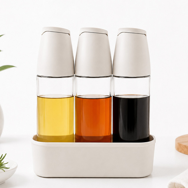 카페로메오 유리 밀폐 양념통 오일병 조미료통 거치대 4종세트, 1세트, 500ml, 베이지 오일병3P+거치대