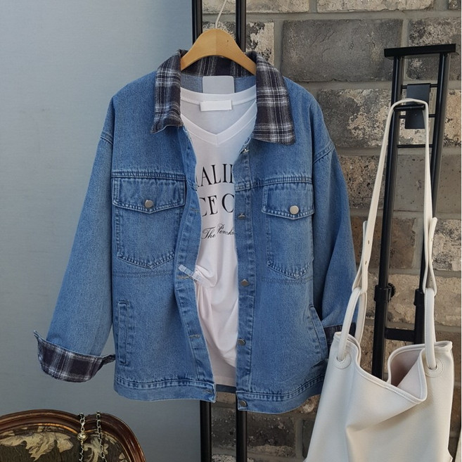 상상그이상 여성용 오버핏 카라넥 체크 청 자켓 레트로 레이어드 데님 자켓 간절기 아우터 캐주얼 점퍼