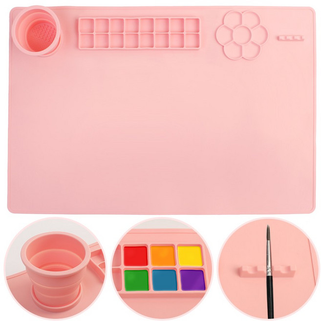 40x60cm 실리콘 팔레트매트 + 접이식 물통 방수 그림매트, 1개, 23칸, 블루