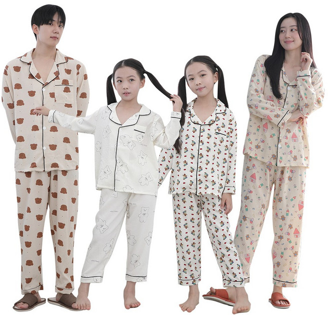 남성 여성 아동 가족잠옷 포포면 긴팔 파자마 빅사이즈 상하세트 곰돌이 가을 잠옷 단추 카라 밴딩 긴바지 홈웨어 남자 커플 상하의