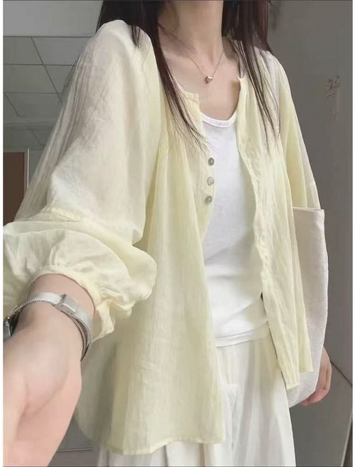 法式天絲亞麻防曬襯衫女夏薄外搭罩衫寬鬆燈籠袖襯衣外套