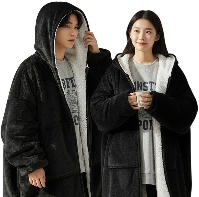 믿추 후드 입는담요 극세사 보온담요 오버사이즈 고중량 겨울용, 블랙, 1개