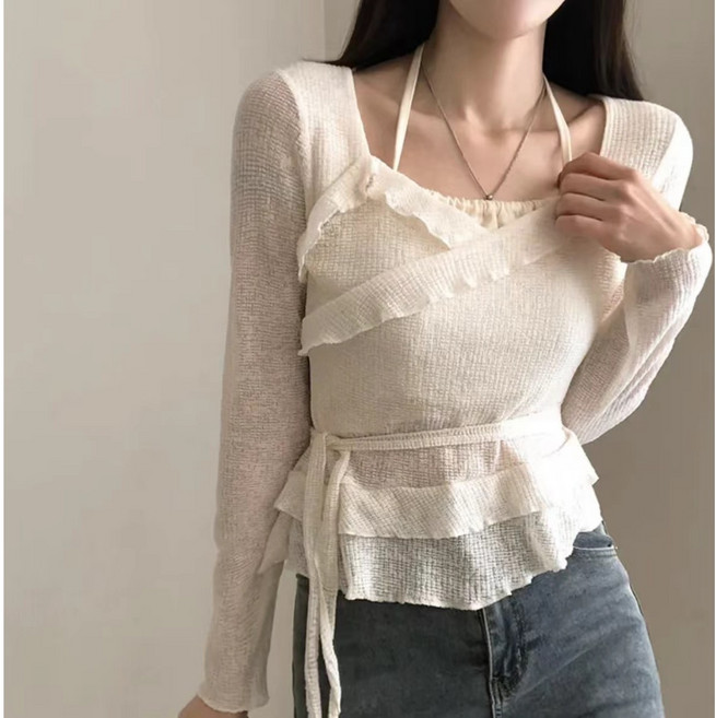 쪼예 여리핏 레이어드 홀터넥 프릴 셔링 긴팔 랩 니트 티셔츠