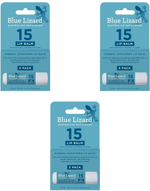 Blue Lizard Mineral SPF 15 Lip Balm 3-Pack 블루리자드 미네랄 SPF 15 립 밤 3-팩, 3개, 4g, Natural Coconut