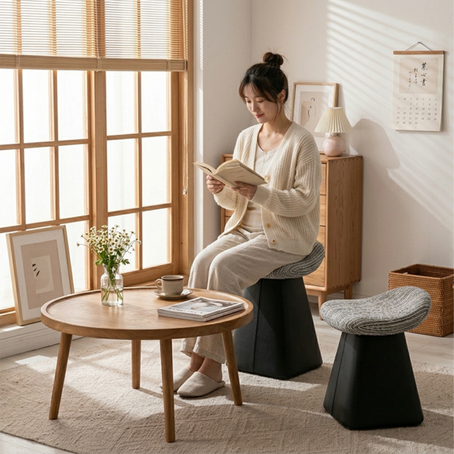 하루꿈 작은 화장대 의자 카페 인테리어 간이 원룸 패브릭 디자인 보조 스툴, 1개, 블랙 스트라이프