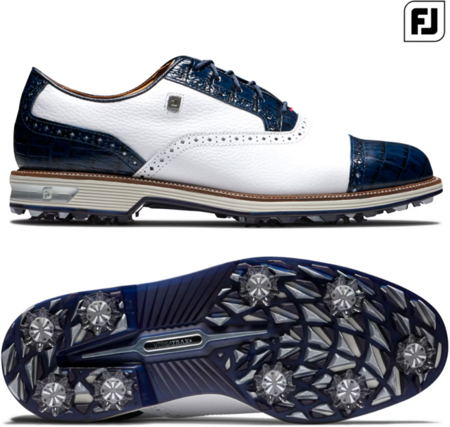 풋조이 남성 골프화 화이트 네이비 프리미어 탈로우 필드 지지력 스파이크 흰색 골프 운동화 신발 소 가죽
