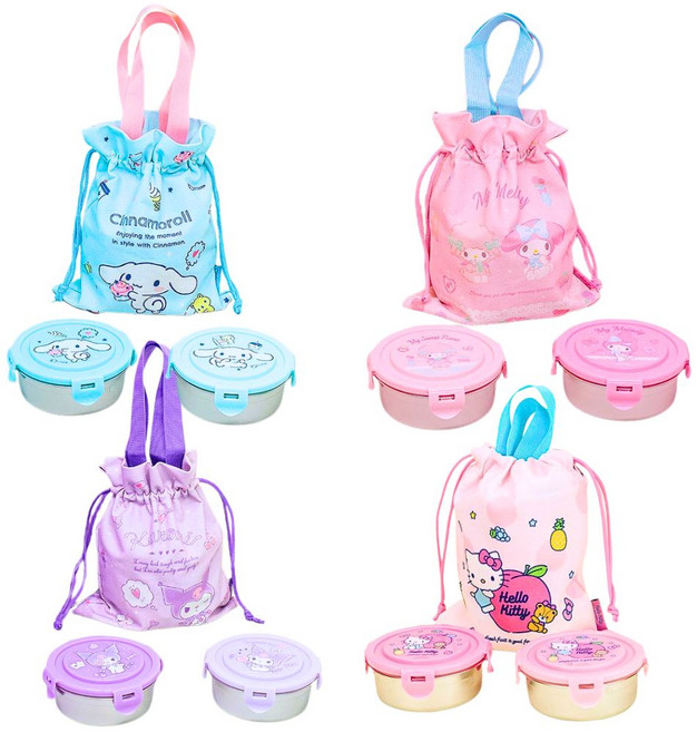 산리오 도시락 원형 스텐 도시락통 2단 도시락 파우치 세트 시나모롤 쿠로미 마이멜로디 헬로키티, 1개
