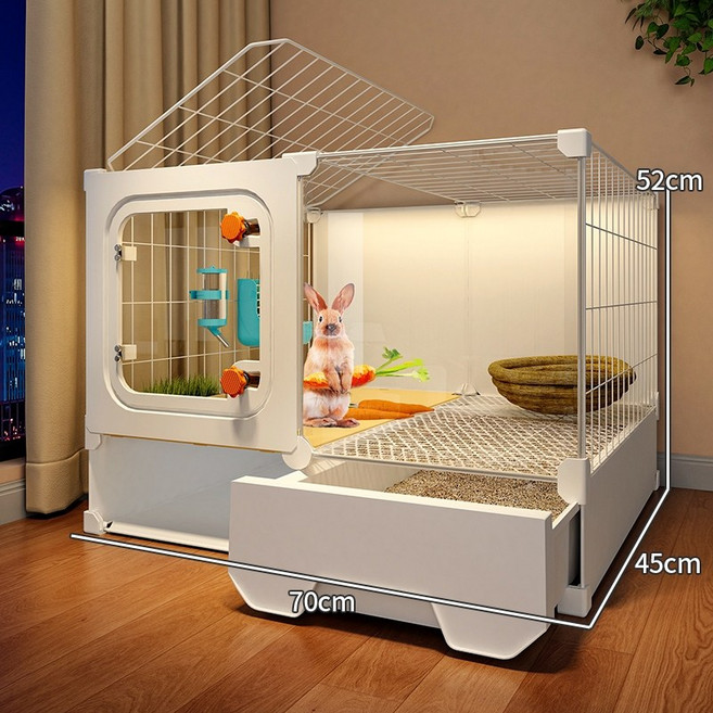 加大雙層兔籠 寵物籠 全景兔子籠 天竺鼠籠 貓兔通用 兔別墅 侏儒兔窩 防啃咬設計, 1個, 中号【70*45*52】鐵網魔片款/單抽