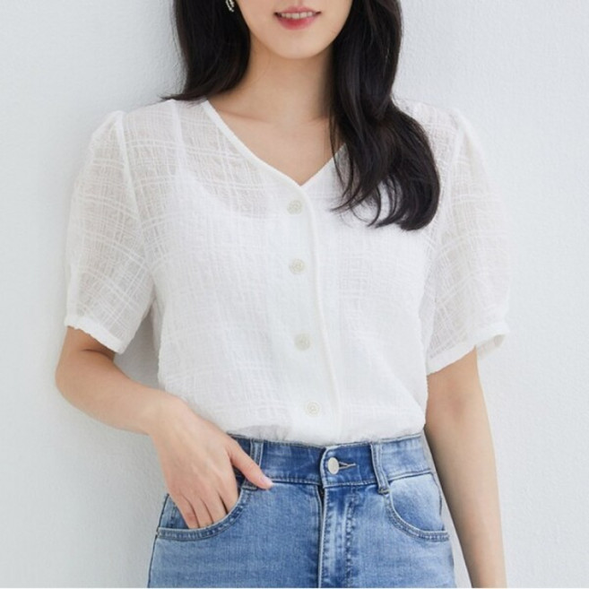 [로엠(비노출)] [로엠] 조직감 오픈 블라우스 (RMBLD38RT1-T)