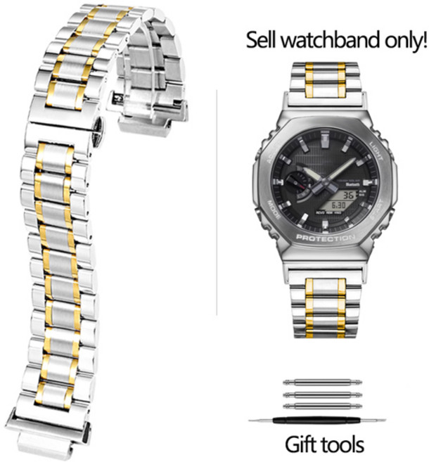 호환 카시오 G-SHOCK 시리즈 GA-2100GA2110 GA-B2100 GM-2100용 금속 시계 밴드 수정된 스테인레스 스틸 스트랩 방수 팔찌, [04] Silver-gold strap