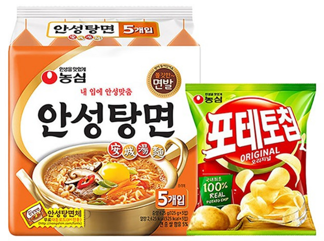 농심 포테토칩 오리지널3번들(50g3개입)4봉지+안성탕면10봉지, 단품, 단품