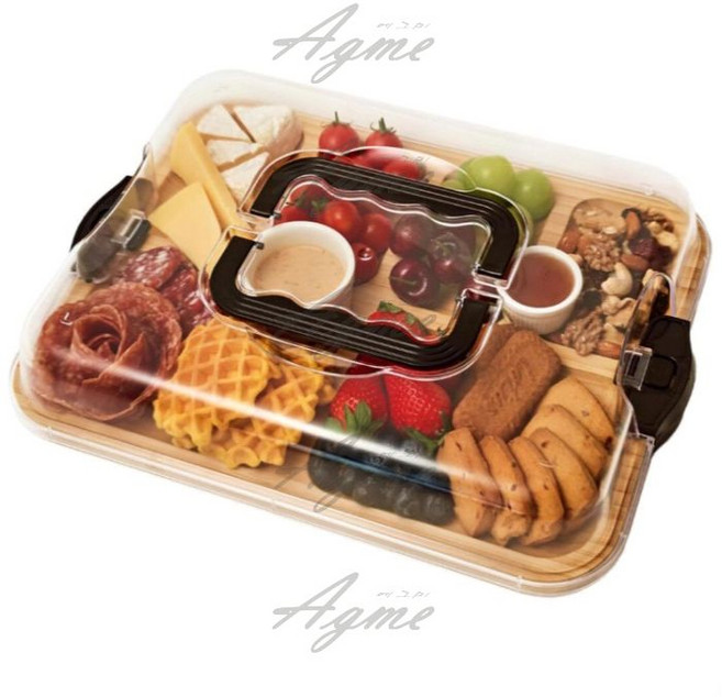 뚜껑과 손잡이가 있는 대나무 치즈 보드 고기 및 과일용 휴대용 샤퀴테리 플래터 파티용 서빙 트레이, 01 Black