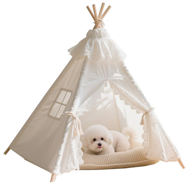 디앤이펫 반려동물 강아지 원목 텐트 하우스, 1개, 화이트