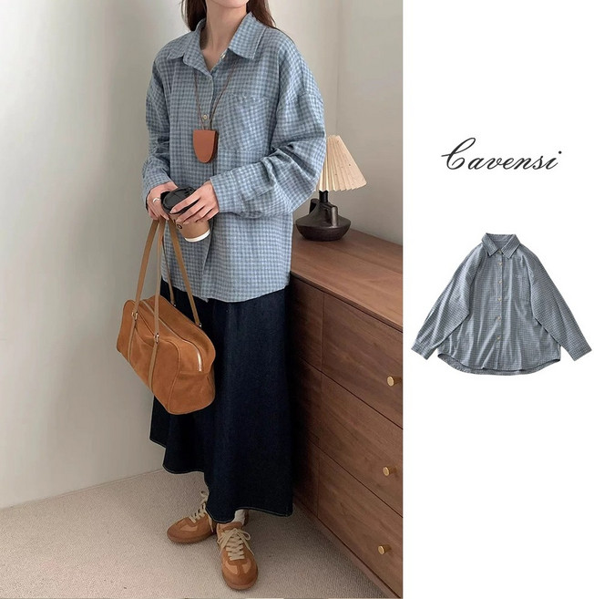 Cavensi 藍色系棉質格子襯衫