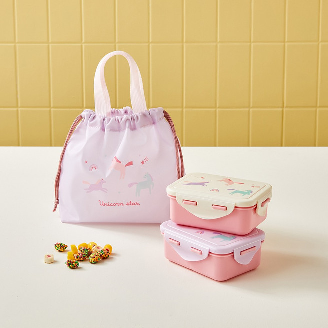 모던하우스 2단 분리형 플라스틱 어린이 도시락 유니콘매직 600ml 폴리가방포함-KI0825007, 1개