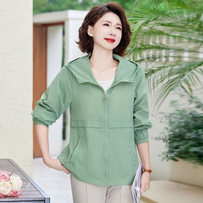 중년 여성 후드 자켓 봄여름 빅사이즈 루즈핏 자외선 차단 상의 캐주얼 통기성 엄마 코트 LJX