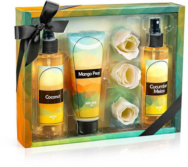 파인 프래그런스 바디 미스트 & 스플래시 선물 세트 - 여성 및 여아용 럭셔리 셀프 케어 콤보 (코코넛 오이 망고 배 장미 비누) 엄마를 위한 어머니의 날, 코코넛, 오이, 망고 배