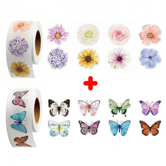 2롤세트 나비 플라워 스티커, 혼합(S774) 1000매입, 1세트