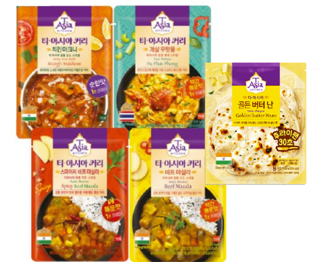 티아시아키친 치킨 마크니 커리 170g + 게살 푸팟퐁 커리 170g + 비프 마살라 커리 170g + 스파이시 비프 마살라 커리 170g 세트 + 티아시아키친 골든 버터 난 8p, 1세트