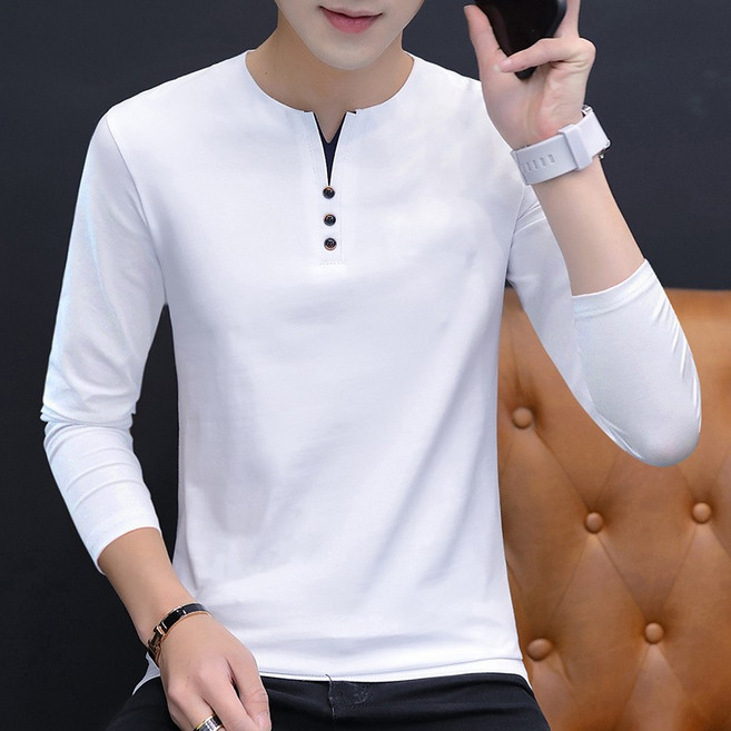 AOKADA 남성 봄 가을 브이넥 레이어드 순면 스판 긴팔 티셔츠