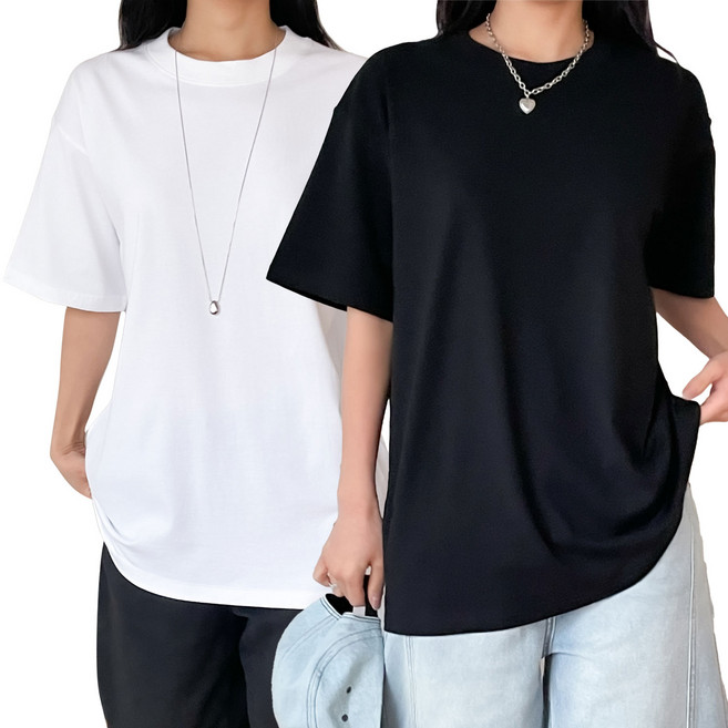 에이러블 여성 오버핏 티셔츠 라운드 순면 반팔티 2종 세트