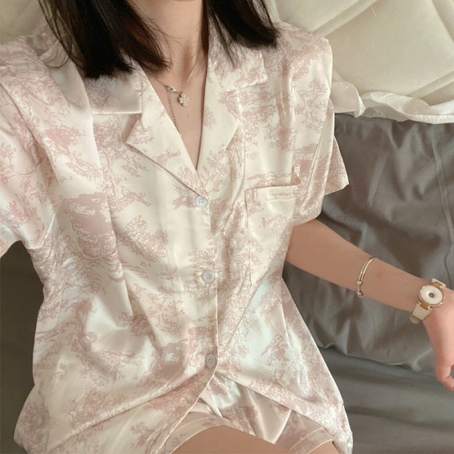 The Only Select 法式冰絲短袖睡衣套裝 薄款家居服 復古水墨涼感舒適