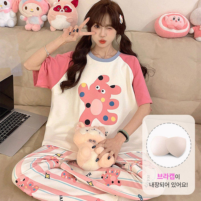 드마엘_아코 캡내장 반팔 긴바지 잠옷 파자마 홈웨어 상하세트 (9color)브래패드 이너패드 잠옷