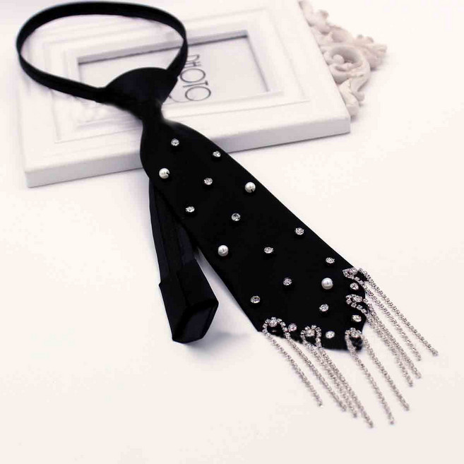 하이유니 긱시크 크리스탈태슬 블랙 패션 지퍼 넥타이