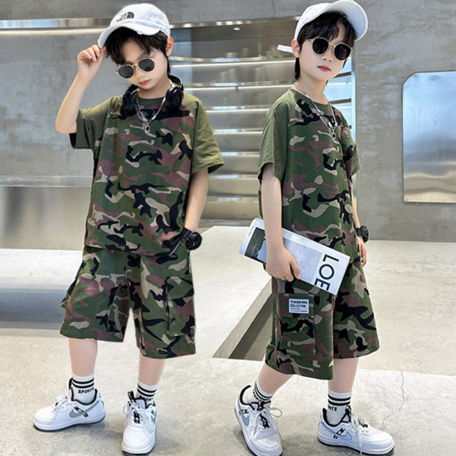 비비키드 남아 여름 초등생 밀리터리 패턴 반팔티 반바지 상의 초중생 하의 세트 주니어 상의+하의 세트 (86-011)