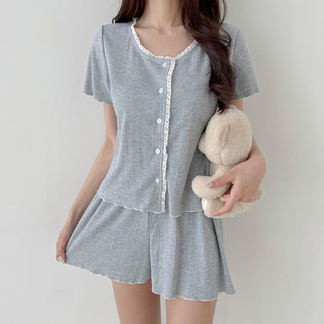 슬로우달링 무지 투피스 여성 반팔 반바지 상하의 면 잠옷 세트