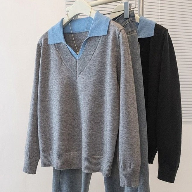 77우먼스 오픈카라레이어드니트 2컬러 카라 배색 브이넥 데일리 봄 가을 간절기 데일리 코디 [리현커머스]