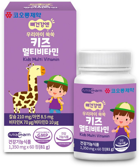 코오롱제약 뼈건강엔 우리아이 쑥쑥 키즈 멀티비타민 칼슘 아연 비타민K 비타민D, 1박스, 60정