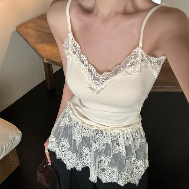 러우 여성 레이어드 레이스 캡내장 끈조절 프릴 뷔스티에 나시 캐미솔 슬림핏 나시탑 3color