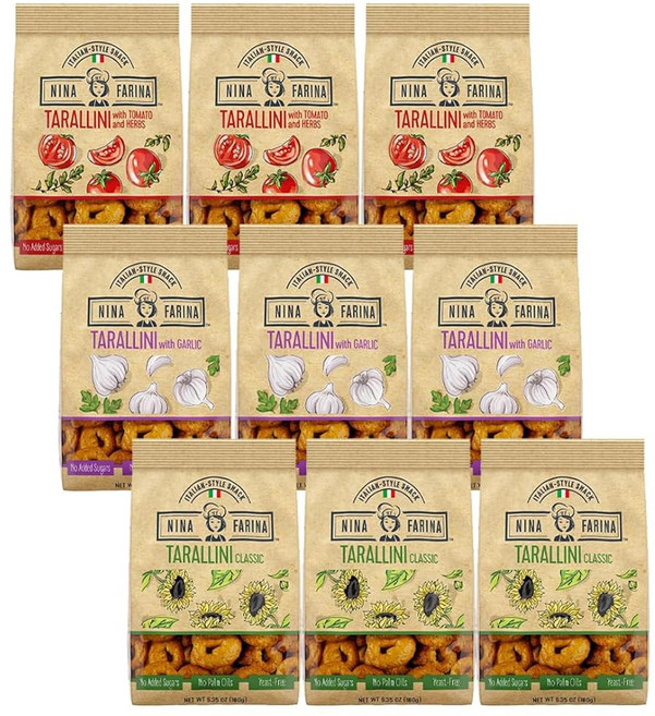 니나 파리나 타랄리니 버라이어티 팩 설탕 팜 오일 및 효모 첨가 없이 신선하게 구운 이탈리아 크래커 에 좋은 스타일 영양 6.35단위온스 봉지 9PACK, Tomato Herb, 4 Pack