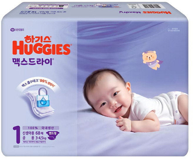 하기스 NEW 맥스드라이 밴드형 기저귀 남녀공용, 1단계, 68매