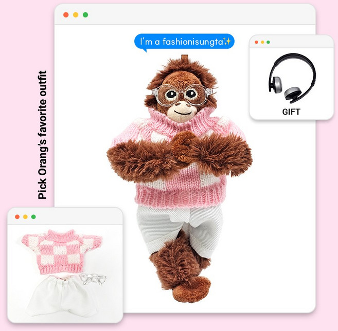 로앤제이 미니 오랑우탄 인형 키링 의상 착장 세트, 3. 핑크체크+화이트팬츠+투명뿔테안경, 1개