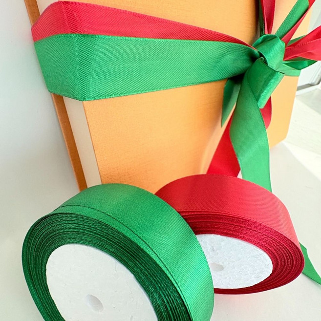 상일상회 크리스마스 리본 선물 포장 끈, 1개, 2.5cm*22m, 레드+딥그린