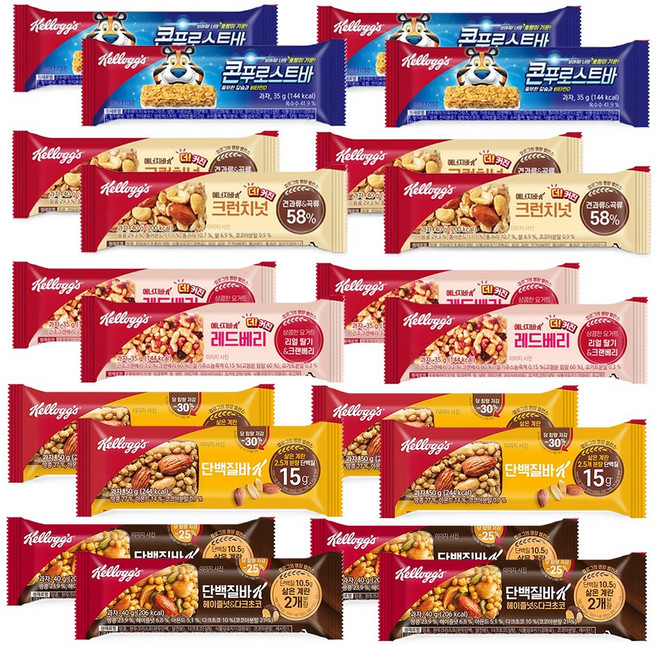 켈로그 콘푸로스트바 35g 4개+크런치넛 에너지바 40g 4개+레드베리 에너지맛 35g 4개+프로틴바K 50g 4개+헤이즐넛 40g 4개