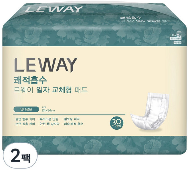 미래생활 남녀공용 르웨이 쾌적흡수 일자 교체형 패드형 성인기저귀, 30개입, 2개