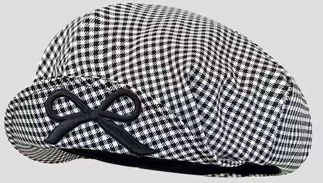 여성 베레모 사계절 캐주얼 봄 가을 베레 팔각모자 빈티지 빵모자 화가모자 기질 체크 리본 캡모자 WXY