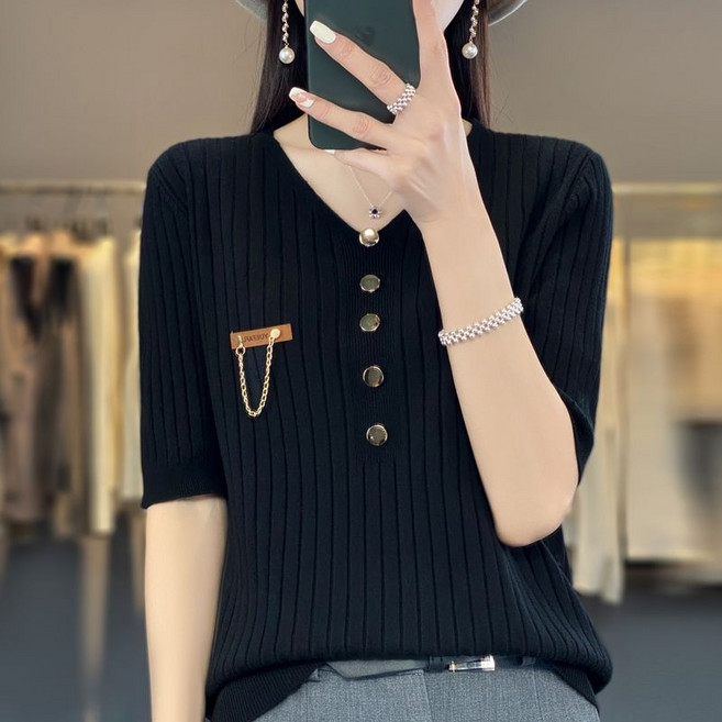 패션 여자 반팔 니트티 심플 루즈핏 5부 소매 얇은 니트 반팔티 여름 여성 반팔 티셔츠 YSQ