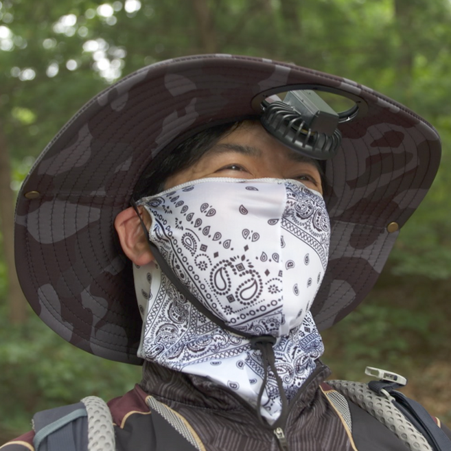 쌩쌩 신바람 선풍기 모자 귀걸이 버프 USB케이블 3종세트 자외선차단 쿨링, 검정국방색모자세트